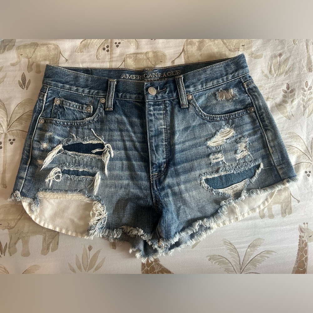 American Eagle Outfitters Blue Jean Shorts with Distressed Raw Hem
